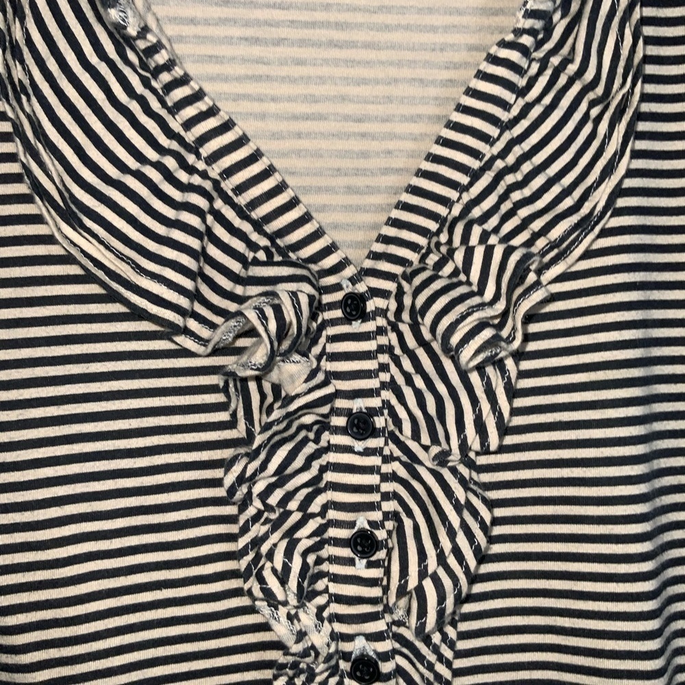LOFT Black & Tan Striped V-Neckline Long Sleeve Ruffle Cotton Top L - Picture 3 of 5